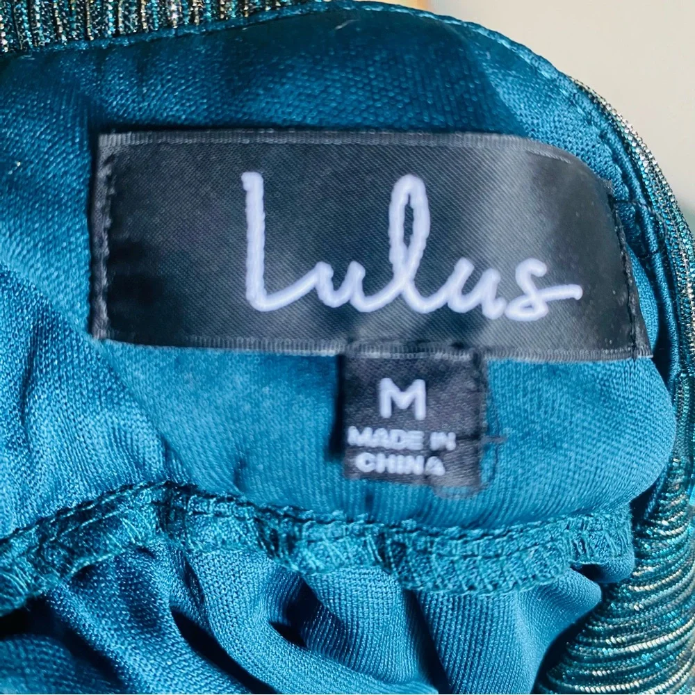 Lulus Ailey Halter Mini Dress Skater Style Twist Back Deep V Metallic Teal Sz M - Picture 8 of 9